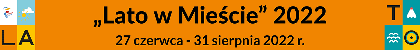Baner informacyjny Lata w Mieście - kolorowe kwadraty z napisem LATO i grafikami. Widać logo "Zakochaj się w Warszawie" oraz daty 27 lipca 2022-31 sierpnia 2022